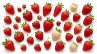 Fresh red strawberries and white varieties scattered on white background, isolated for food packaging, recipe blogs, healthy eating content, and culinary design projects.