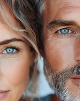 Close-up portrait showing bright blue eyes of mature couple with intense gaze, blonde woman and bearded man against light background.