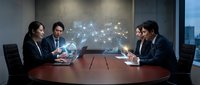 Business professionals analyzing holographic data visualization in modern conference room meeting for strategic planning and decision making.