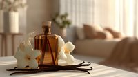 Elegant amber perfume bottle with vanilla pods and white orchid flowers on table in sunlit cozy living room interior.