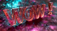 Glossy red WOW text with exclamation mark on sparkling holographic surface with bokeh lights for marketing campaigns and promotional materials.