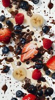 Fresh berries, banana slices and chocolate drops scattered on white background with dark chocolate splashes and drips, food photography for dessert menu.