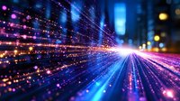 Abstract light trails and glowing particles creating dynamic motion effect with blue and pink streaks against dark background, representing speed and technology advancement.