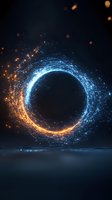 Glowing circular portal with orange and blue particle effects against dark background, magical ring of light and energy creating mystical atmosphere.