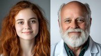 Young redhead woman with natural curly hair and senior male medical professional with white beard and lab coat in split portrait composition against neutral background.