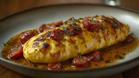 Juicy grilled chicken breast with crispy chorizo slices and herbs in savory sauce on gray ceramic plate, close up view with selective focus.