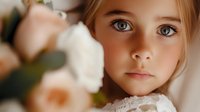 Young Caucasian girl with bright blue eyes and blonde hair in soft natural lighting, wearing delicate lace dress, with blurred peach roses in foreground creating dreamy atmosphere.