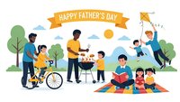 Diverse fathers celebrating with children in park scene featuring barbecue, cycling, kite flying and family picnic activities on sunny day.
