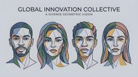 Diverse team portraits showcasing global innovation collective with geometric artistic style for modern business and technology concepts.