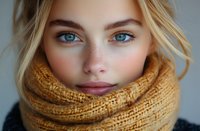 Close up portrait of young Caucasian woman with bright blue eyes and blonde hair wearing cozy knitted mustard scarf. Natural beauty and winter fashion concept.