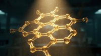 Golden molecular structure with glowing atoms connected by bonds, floating in dark laboratory environment with bokeh lights, representing chemistry, nanotechnology, and scientific research for educational and commercial applications.