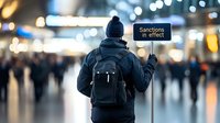 Person with backpack standing near sanctions warning sign at blurred urban background with bokeh lights and crowd silhouettes in evening or night time.