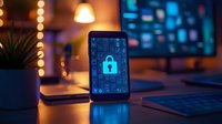 Smartphone displaying digital security lock icon on screen with laptop and plant in cozy evening workspace setting with bokeh lights and modern office background.