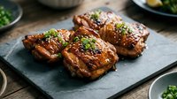 Glazed pork ribs with sesame seeds and fresh herbs on slate board, barbecue meat dish ready for serving at restaurant table.