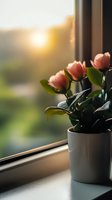 Pink roses in white ceramic pot on windowsill at sunset, soft natural lighting creates peaceful atmosphere with blurred outdoor background and warm sunlight glow.