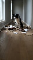 Black and white dog sitting among torn papers and shoes in hallway, depicting destructive behavior and mischief for pet training and behavior content.