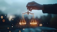 Hand holding glowing scales of justice against blurred city lights background, symbolizing law, balance, and fairness in legal proceedings.
