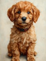 Adorable goldendoodle puppy with fluffy ginger fur and expressive blue eyes wearing red collar, sitting against neutral background. For pet portraits and animal art.