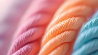 Soft twisted yarn in pastel colors of pink, peach and turquoise creates gentle diagonal lines. Close-up macro photography shows detailed textile texture and fibers.