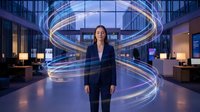 Woman in business attire standing in modern office with glowing spiral light trails, representing innovation, technology, and corporate leadership for business concepts.