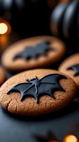 Halloween cookies decorated with black bat fondant toppers on dark surface with warm candlelight creating spooky festive atmosphere for autumn celebrations.