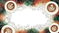 Coffee cups with latte art frame on white background with coffee beans border for cafe menu design and beverage advertising materials.