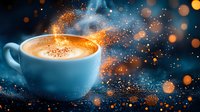 Hot coffee cup with magical sparkles and glowing particles bursting from foam, creating energetic light effects against dark blue background.