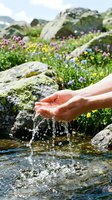 Cupped hands catching fresh mountain spring water with wildflowers and rocky landscape in background, symbolizing purity and natural wellness.