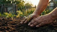 Male hands planting young seedling in rich soil with garden fence and sunlight in background, representing growth, agriculture, and sustainable farming practices.