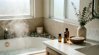 Serene spa bathroom with bathtub, essential oil bottles, candles and eucalyptus creating peaceful wellness atmosphere for relaxation and self-care.