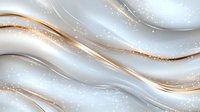 Elegant flowing waves of silver and gold with sparkling particles on soft gray background, creating luxurious abstract design.