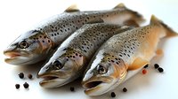 Fresh raw salmon trout with black peppercorns on white background, clean fish ready for cooking. Sustainable seafood and healthy protein source.