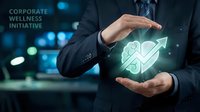 Businessman in dark suit holding glowing wellness icon with upward arrow, representing corporate health initiative and employee wellbeing growth strategy.