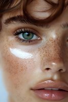 Close-up of green eye and natural freckled skin with moisturizer cream streak on cheek showing skincare and beauty concept for cosmetic advertising.