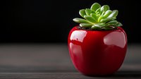 Vibrant green succulent plant in glossy red ceramic apple-shaped pot against dark background, modern minimalist home decor and gardening concept.