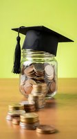 Graduation cap on glass jar filled with coins representing education savings and student loan debt financial planning concept.