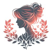 Female profile silhouette with flowing hair in coral and navy gradient surrounded by decorative floral wreath elements on white background, ready for design use.