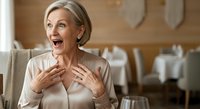 Mature woman with blonde hair and fair complexion, wearing a beige blouse, expressing surprise or excitement with open mouth and hand gestures in an upscale restaurant setting.