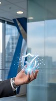 Businessman hand holding glowing digital shield with checkmark in modern office environment representing cybersecurity and data protection services.
