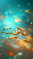 Golden wheat ears against turquoise sky with bokeh lights and flying seeds creating dreamy atmospheric nature composition for agriculture themes.