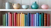 Colorful hardcover books arranged in rainbow order on white shelf with vintage pastel ceramic vases and pottery displayed above, creating modern minimalist decor.