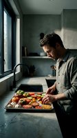 Young Caucasian man preparing fresh vegetables in modern kitchen with natural light. Healthy cooking and meal preparation concept for home chef lifestyle.