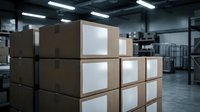 Stacked cardboard boxes with blank white labels in modern warehouse facility with industrial lighting and storage shelving in background.