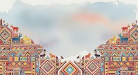 Colorful ornamental buildings with geometric patterns and decorative rooflines against a soft pastel sky, suitable for cultural design projects and backgrounds.
