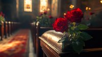 Red roses in church pew vase with soft natural lighting, stained glass windows in background creating spiritual atmosphere for wedding or memorial service.