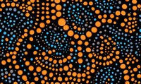 Abstract dotted pattern with orange and blue circles on black background creates dynamic swirling movement, suitable for modern graphic design projects.