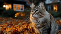 Adorable tabby cat sitting among colorful autumn leaves with warm house lights glowing in background creating cozy seasonal atmosphere for pet care content.