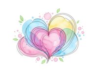Watercolor heart with pastel swirls and leaves on white background. Romantic love symbol with soft pink, blue and yellow tones for greeting cards.