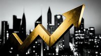 Golden arrow pointing upward over blurred city skyline, representing financial growth, business success, stock market gains, and economic expansion for corporate presentations.