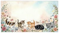 Adorable kittens playing in floral garden border with roses and leaves, watercolor style frame perfect for pet lovers and nursery decor projects.